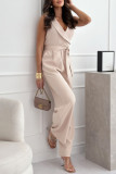 Elegant Solid Bandage Pocket Turndown Collar Regular Jumpsuits