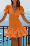 Sexy Solid Frenulum Backless V Neck Cake Skirt Dresses