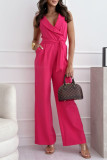 Elegant Solid Bandage Pocket Turndown Collar Regular Jumpsuits