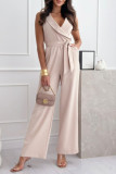 Elegant Solid Bandage Pocket Turndown Collar Regular Jumpsuits