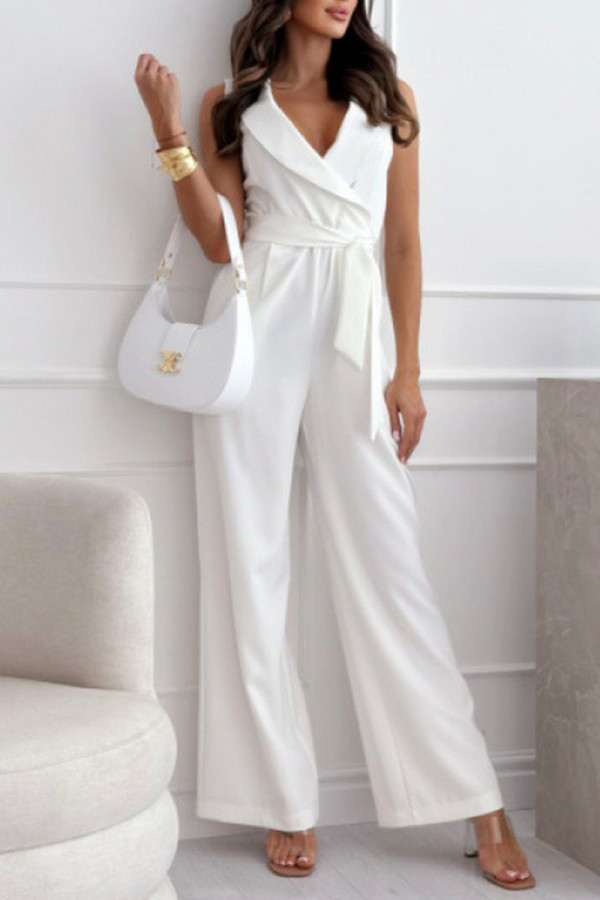 Elegant Solid Bandage Pocket Turndown Collar Regular Jumpsuits