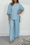 Casual Solid Asymmetrical O Neck Long Sleeve Two Pieces