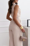 Elegant Solid Bandage Pocket Turndown Collar Regular Jumpsuits
