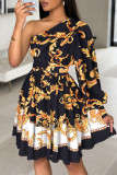 Vintage Elegant Geometric Print Contrast Oblique Collar Waist Skirt Dresses