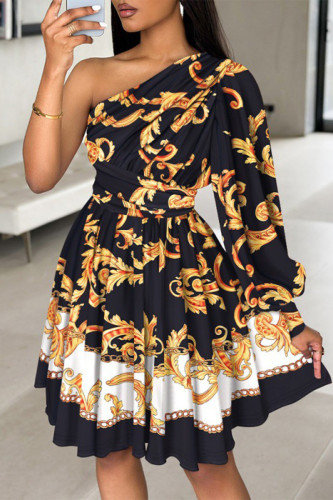 Vintage Elegant Geometric Print Contrast Oblique Collar Waist Skirt Dresses