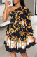 Vintage Elegant Geometric Print Contrast Oblique Collar Waist Skirt Dresses