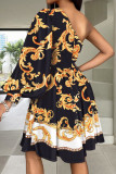 Vintage Elegant Geometric Print Contrast Oblique Collar Waist Skirt Dresses