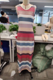 Casual Vacation Striped Print Contrast O Neck One Step Skirt Dresses