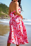 Sexy Vacation Floral Frenulum Backless Halter Beach Dresses
