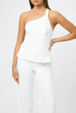 Casual British Style Solid Pocket Metal Accessories Decoration Backless Oblique Collar Sleeveless Two Pieces