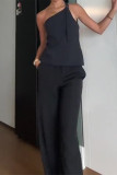 Casual British Style Solid Pocket Metal Accessories Decoration Backless Oblique Collar Sleeveless Two Pieces