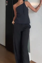 Casual British Style Solid Pocket Metal Accessories Decoration Backless Oblique Collar Sleeveless Two Pieces