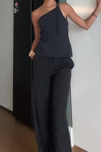 Casual British Style Solid Pocket Metal Accessories Decoration Backless Oblique Collar Sleeveless Two Pieces