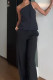 Casual British Style Solid Pocket Metal Accessories Decoration Backless Oblique Collar Sleeveless Two Pieces