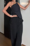 Casual British Style Solid Pocket Metal Accessories Decoration Backless Oblique Collar Sleeveless Two Pieces