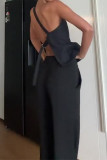 Casual British Style Solid Pocket Metal Accessories Decoration Backless Oblique Collar Sleeveless Two Pieces