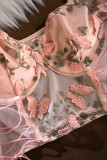 Sexy Butterfly Embroidered Draw String Mesh V Neck Low Waist T-Shirts