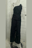 Casual British Style Solid Pocket Metal Accessories Decoration Backless Oblique Collar Sleeveless Two Pieces