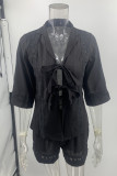 Casual Solid Pocket Frenulum With Bow V Neck Short Sleeve Two Pieces