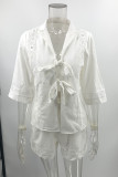 Casual Solid Pocket Frenulum With Bow V Neck Short Sleeve Two Pieces