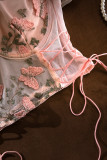 Sexy Butterfly Embroidered Draw String Mesh V Neck Low Waist T-Shirts