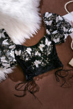 Sexy Butterfly Embroidered Draw String Mesh V Neck Low Waist T-Shirts