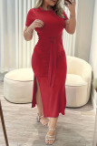 Elegant Simplicity Solid Slit Asymmetrical O Neck Wrapped Skirt Short Sleeve Dress