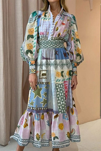 Elegant Floral Contrast Mandarin Collar Shirt Dresses