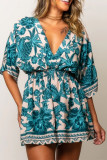 Casual Vintage Floral Patchwork Backless V Neck Loose Rompers