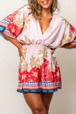 Casual Vintage Floral Patchwork Backless V Neck Loose Rompers