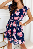 Vintage Elegant Flowers Flounce Fold Pleated O Neck Pleated Dresses
