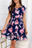 Vintage Elegant Flowers Flounce Fold Pleated O Neck Pleated Dresses