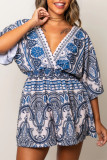 Casual Vintage Floral Patchwork Backless V Neck Loose Rompers