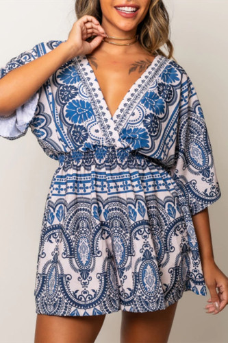 Casual Vintage Floral Patchwork Backless V Neck Loose Rompers