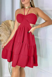 Sexy Solid Hollowed Out Fold Halter A Line Dresses