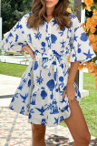 Cartoon Print Bandage Turndown Collar Shirt Dresses