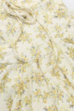 Sexy Print Flowers Frenulum Fold V Neck Waist Skirt Dresses