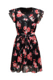 Vintage Elegant Flowers Flounce Fold Pleated O Neck Pleated Dresses