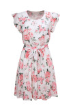 Vintage Elegant Flowers Flounce Fold Pleated O Neck Pleated Dresses