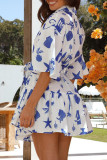 Cartoon Print Bandage Turndown Collar Shirt Dresses