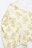 Sexy Print Flowers Frenulum Fold V Neck Waist Skirt Dresses