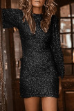 Casual Solid Sequins Sequined O Neck One Step Skirt Dresses