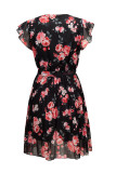 Vintage Elegant Flowers Flounce Fold Pleated O Neck Pleated Dresses