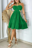 Sexy Solid Hollowed Out Fold Halter A Line Dresses