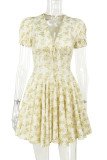 Sexy Print Flowers Frenulum Fold V Neck Waist Skirt Dresses