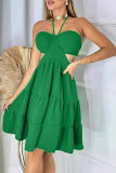 Sexy Solid Hollowed Out Fold Halter A Line Dresses