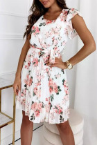 Vintage Elegant Flowers Flounce Fold Pleated O Neck Pleated Dresses