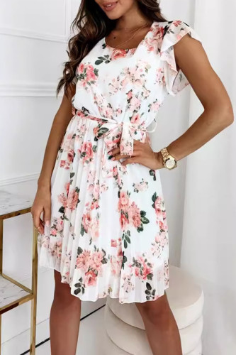 Vintage Elegant Flowers Flounce Fold Pleated O Neck Pleated Dresses