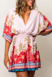 Casual Vintage Floral Patchwork Backless V Neck Loose Rompers