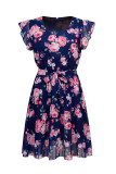 Vintage Elegant Flowers Flounce Fold Pleated O Neck Pleated Dresses